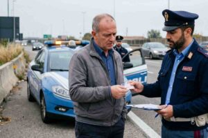 uomo fermato dalla polizia che gli ritira la patente