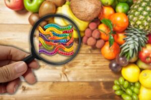 varietà di frutta, vermi e lente di ingrandimento