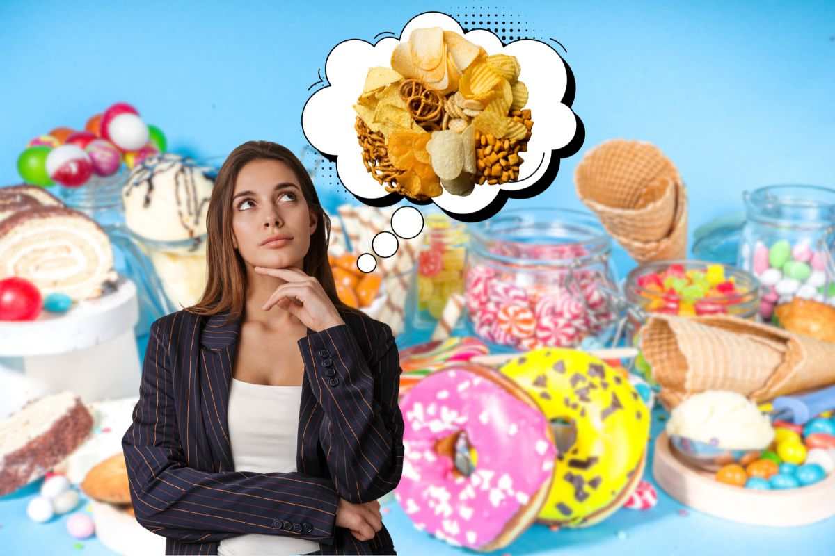 sfondo in cui si vedono tanti dolci e in primo piano una donna che pensa a del cibo salato