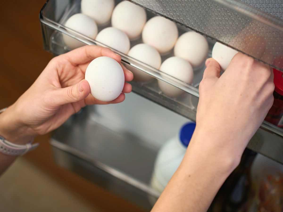 persona ripone uova nel frigorifero